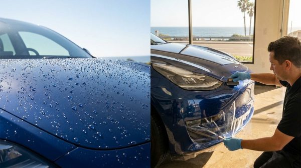 Ceramic coating vs PPF comparison showing water beading on coated paint and film application