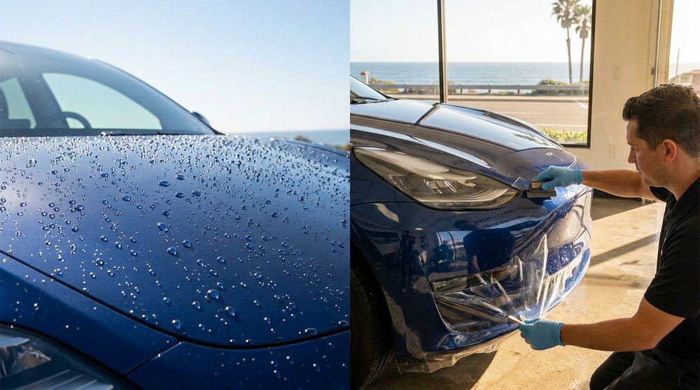 Ceramic coating vs PPF comparison showing water beading on coated paint and film application