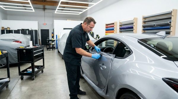 Professional vinyl wrap installer working on car door panel inside clean San Diego wrap shop