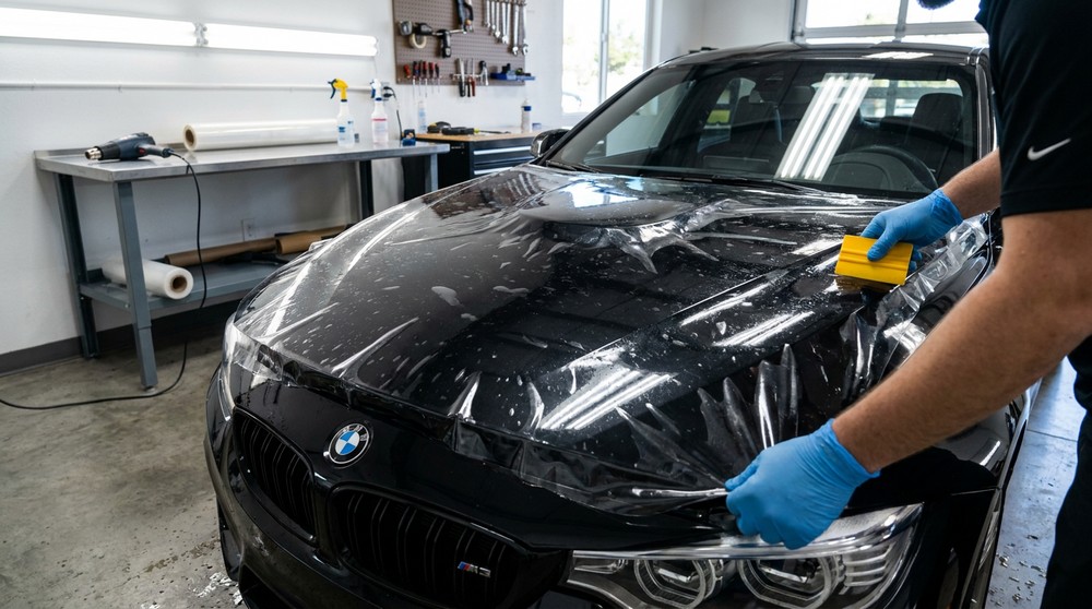 Technician installing PPF paint protection film on hood of black car in San Diego shop