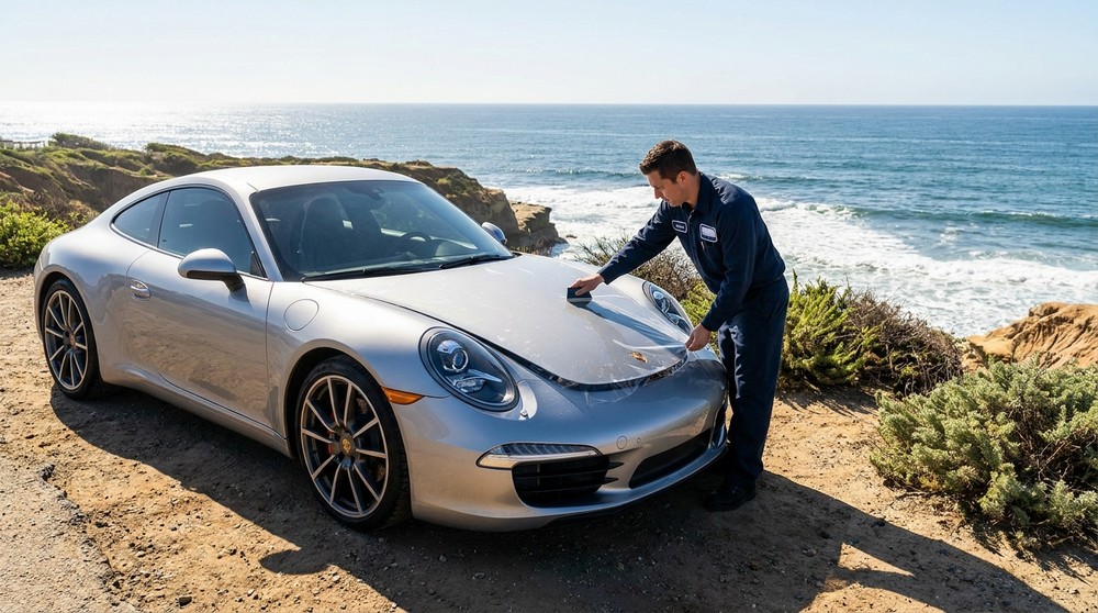 Luxury car receiving PPF paint protection film installation near La Jolla coastline