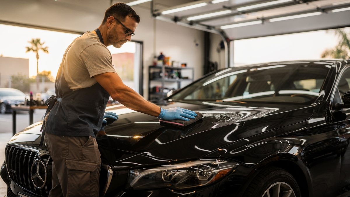 Professional ceramic coating application on a luxury car at Enhanced Automotive San Diego