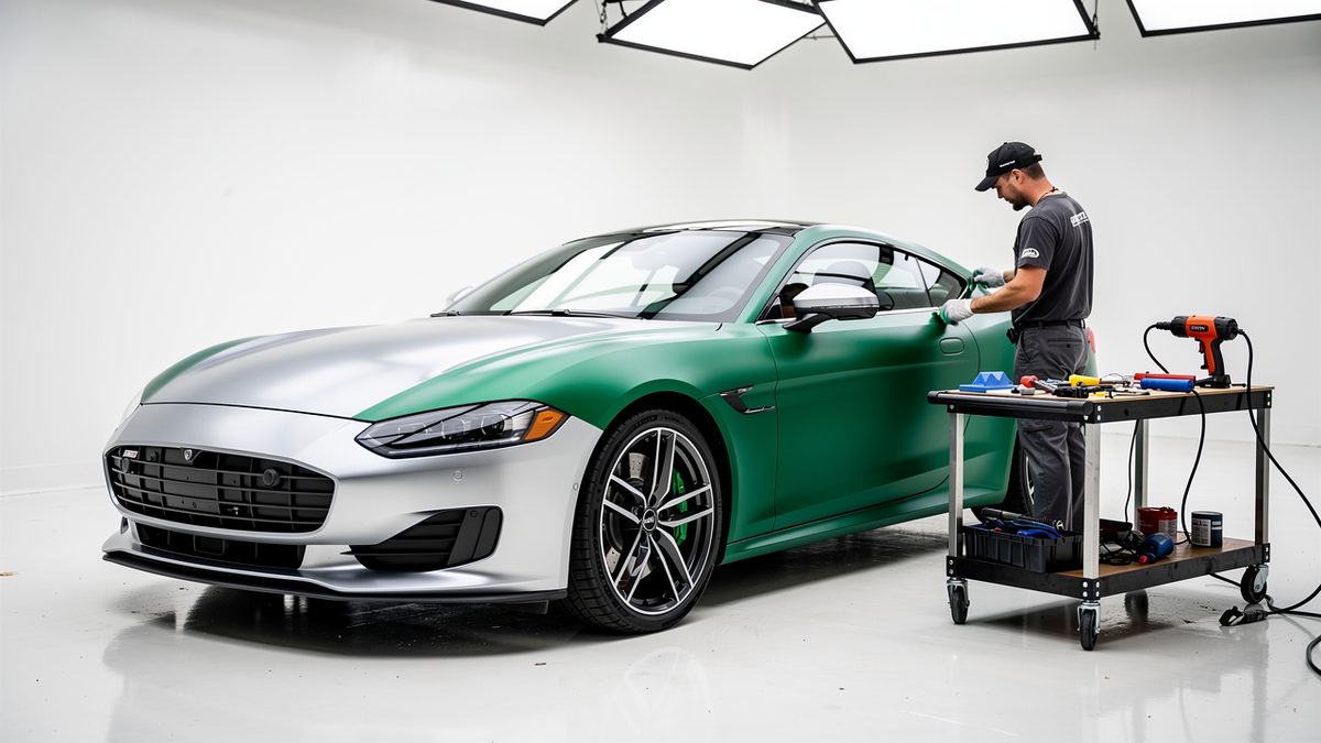 Professional color change vinyl wrap installation on sports coupe in San Diego automotive shop