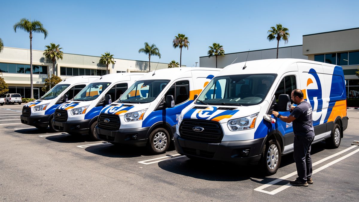 Commercial fleet of wrapped vans with company graphics parked in San Diego business lot