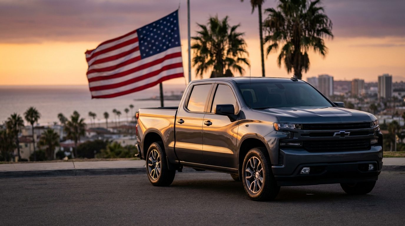 Military & First Responder Discount San Diego Pickup truck with new window tint and paint protection film in front of an American flag in San Diego