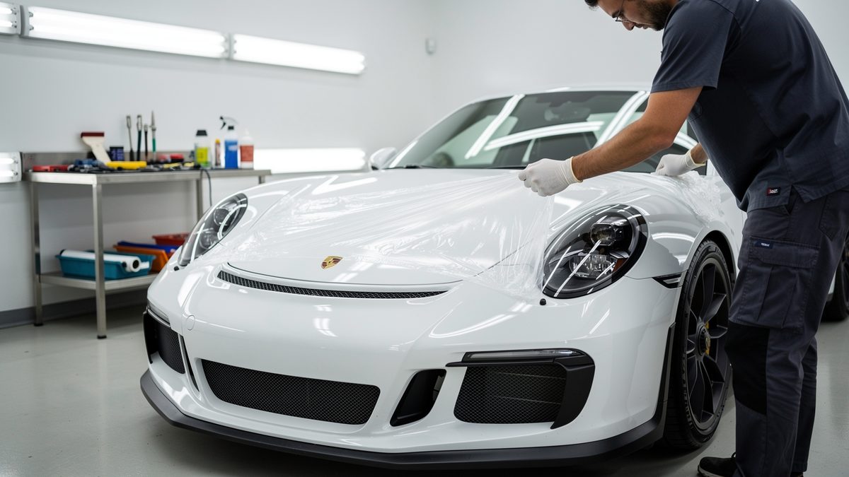 Porsche 911 receiving PPF paint protection film installation at San Diego automotive shop