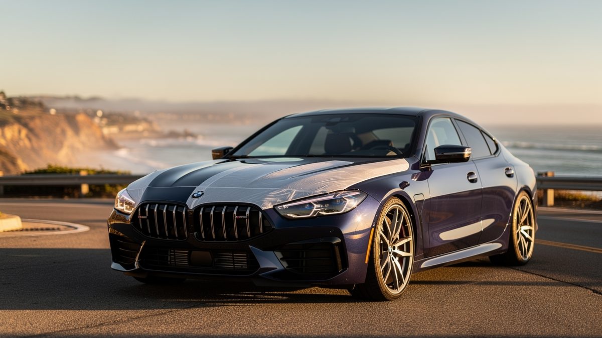 Navy blue sports sedan with PPF protection parked on San Diego coastal road in autumn light