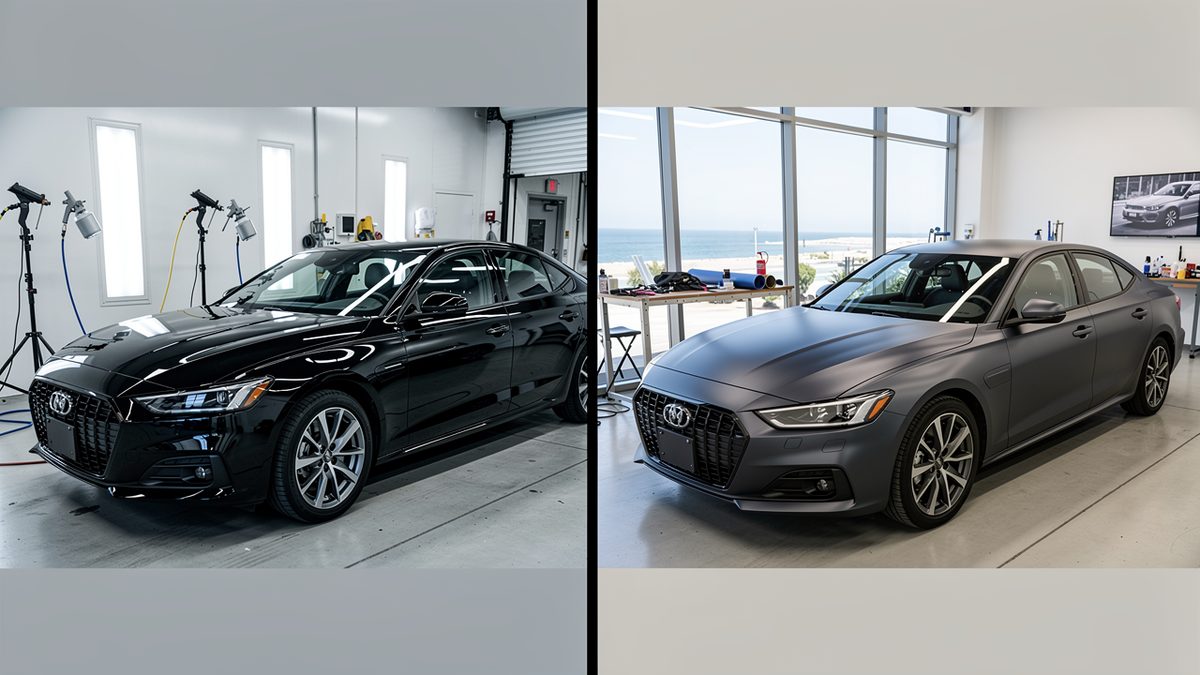 Side-by-side comparison of car paint respray and vinyl wrap finish quality at San Diego shop