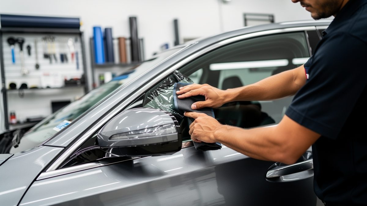 Technician installing window tint film on a luxury sedan in San Diego automotive shop